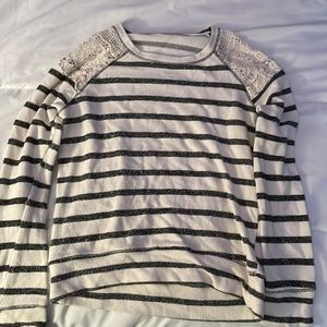 gray and white striped sweater with lace shoulder